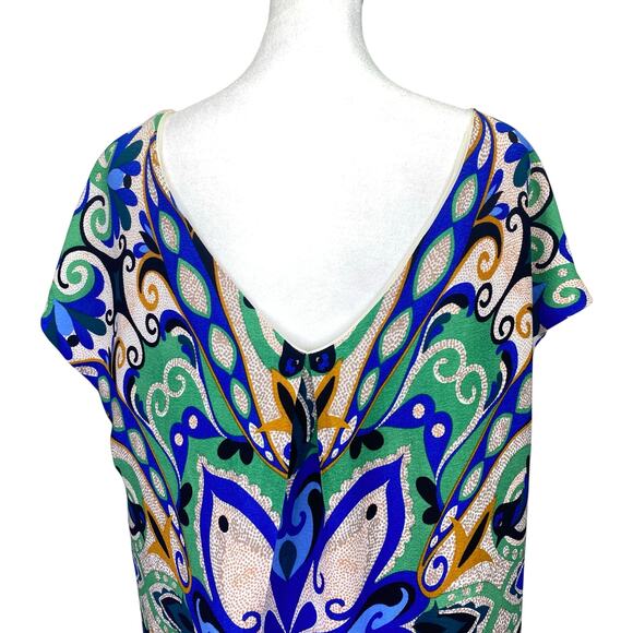 MAEVE Anthropologie Folksong Bird Shift Dress Blue & Green Size L Geometric Boho - Picture 6 of 9